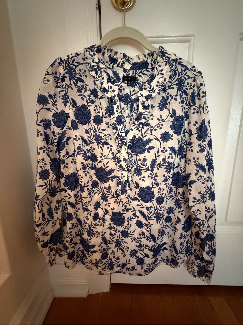 Talbots Cream Blouse With Navy Floral Print